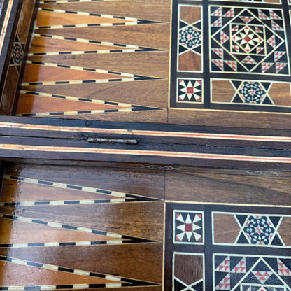 Vintage mid century Syrian arabesque mosaic inlay wood and mother of pearl chess and backgammon board (no pieces)