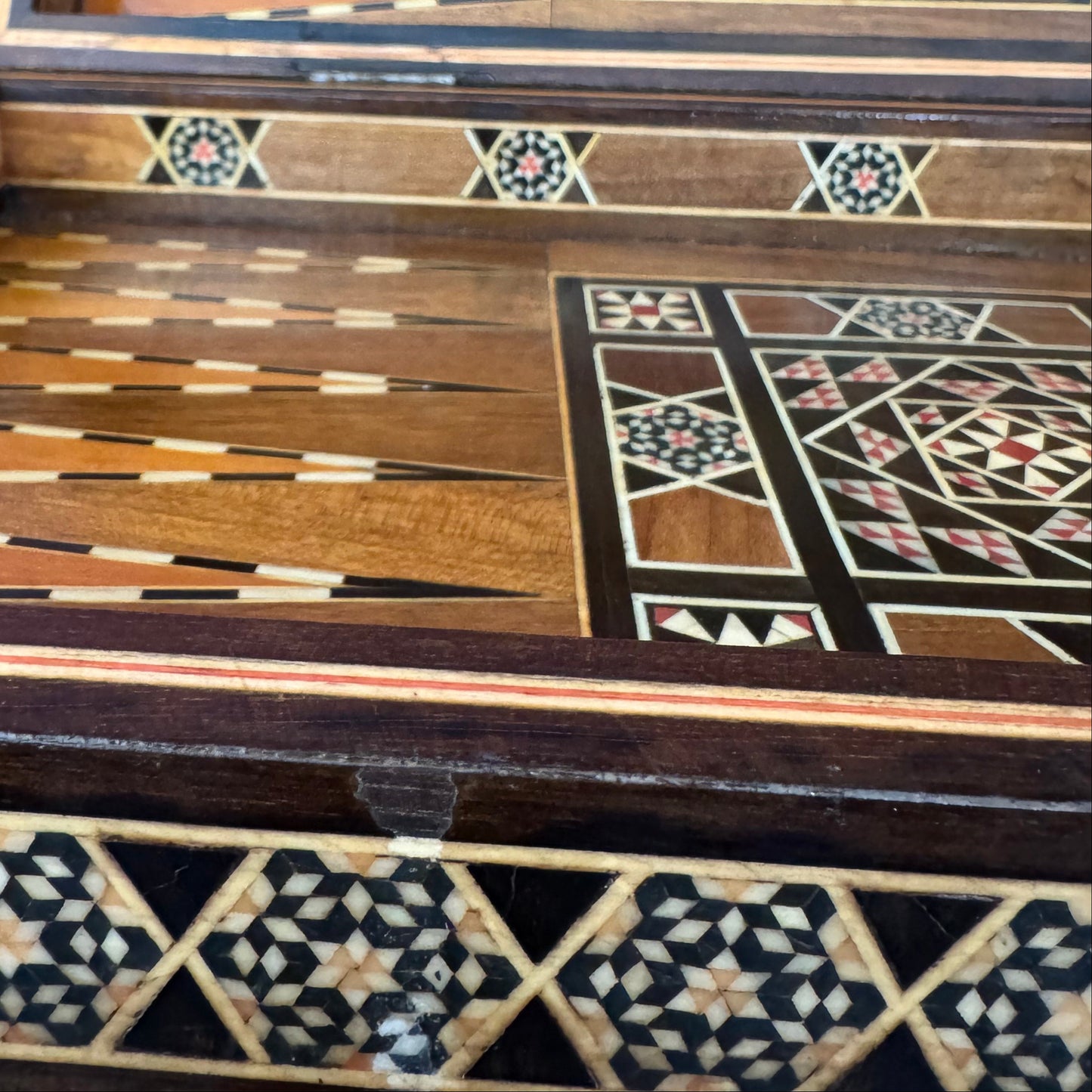 Vintage mid century Syrian arabesque mosaic inlay wood and mother of pearl chess and backgammon board (no pieces)