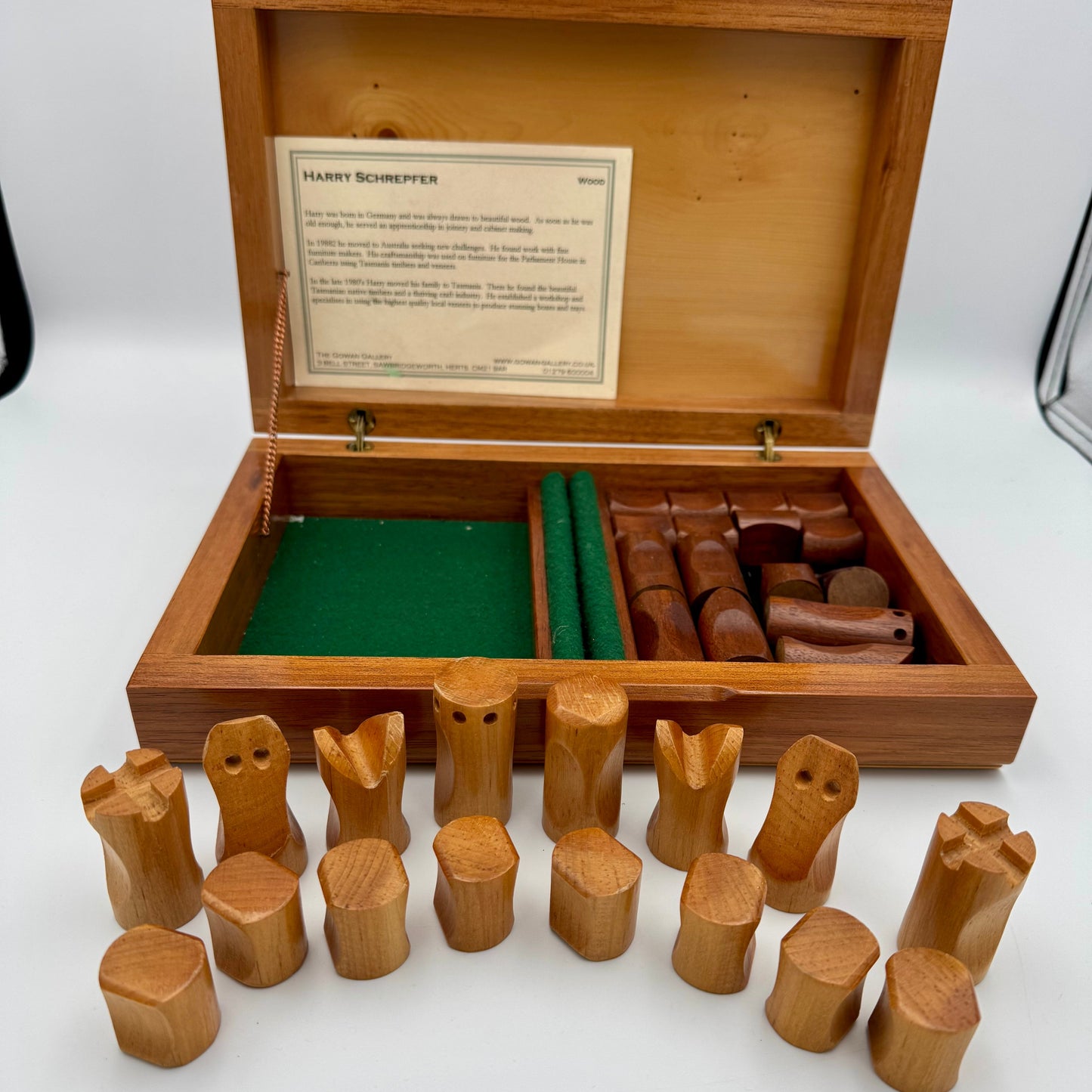 Mid century modern chess pieces presented in a beautiful Huon Pine Harry Schrepfer box