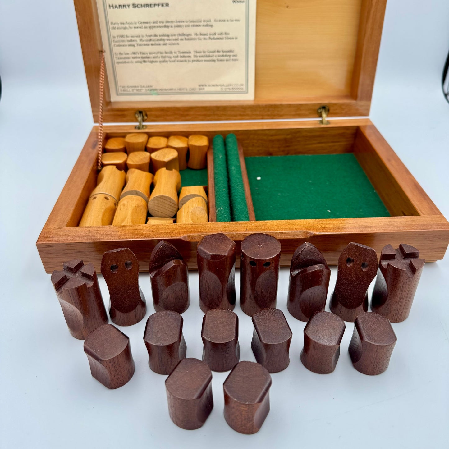 Mid century modern chess pieces presented in a beautiful Huon Pine Harry Schrepfer box