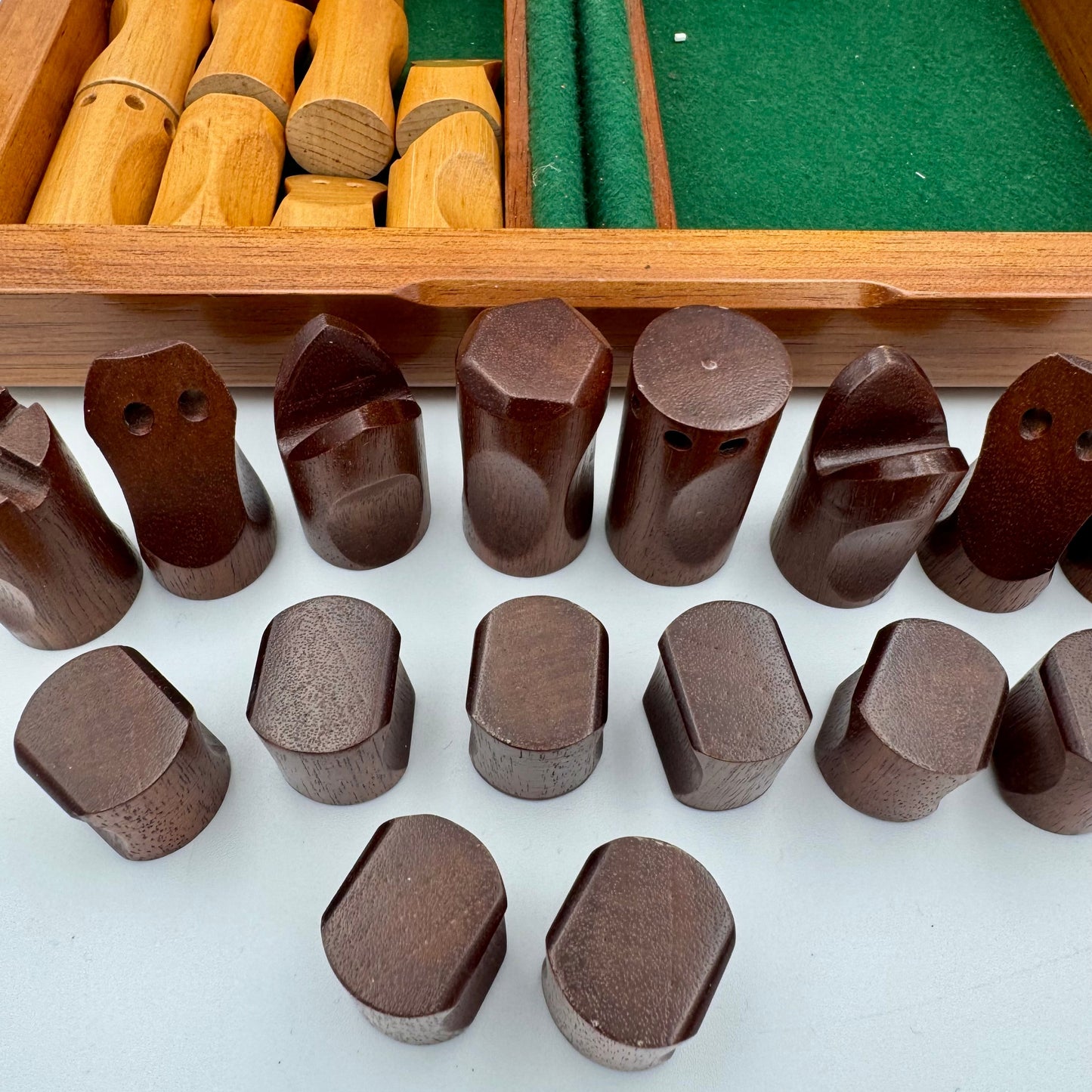 Mid century modern chess pieces presented in a beautiful Huon Pine Harry Schrepfer box