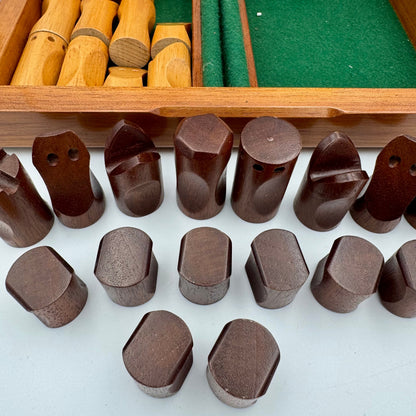 Mid century modern chess pieces presented in a beautiful Huon Pine Harry Schrepfer box