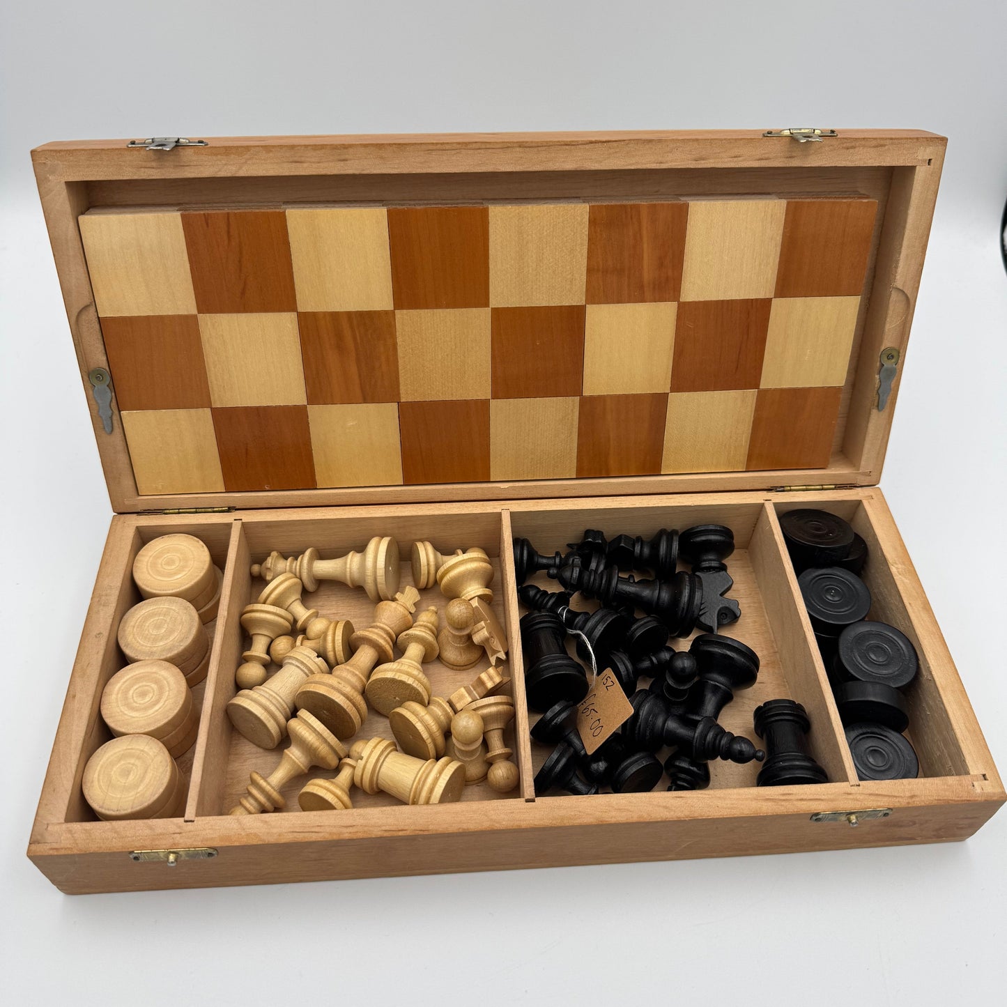 60's/70's vintage hand carved chess and draughts set with folding campaign board