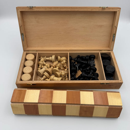 60's/70's vintage hand carved chess and draughts set with folding campaign board