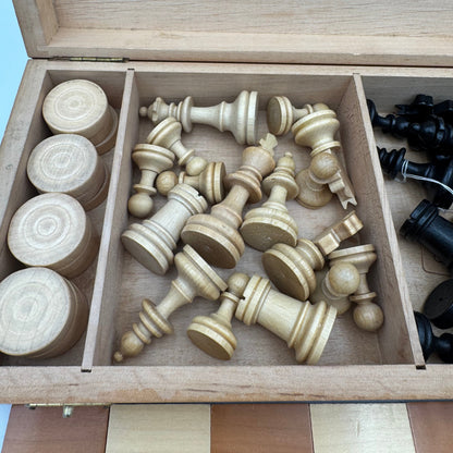 60's/70's vintage hand carved chess and draughts set with folding campaign board