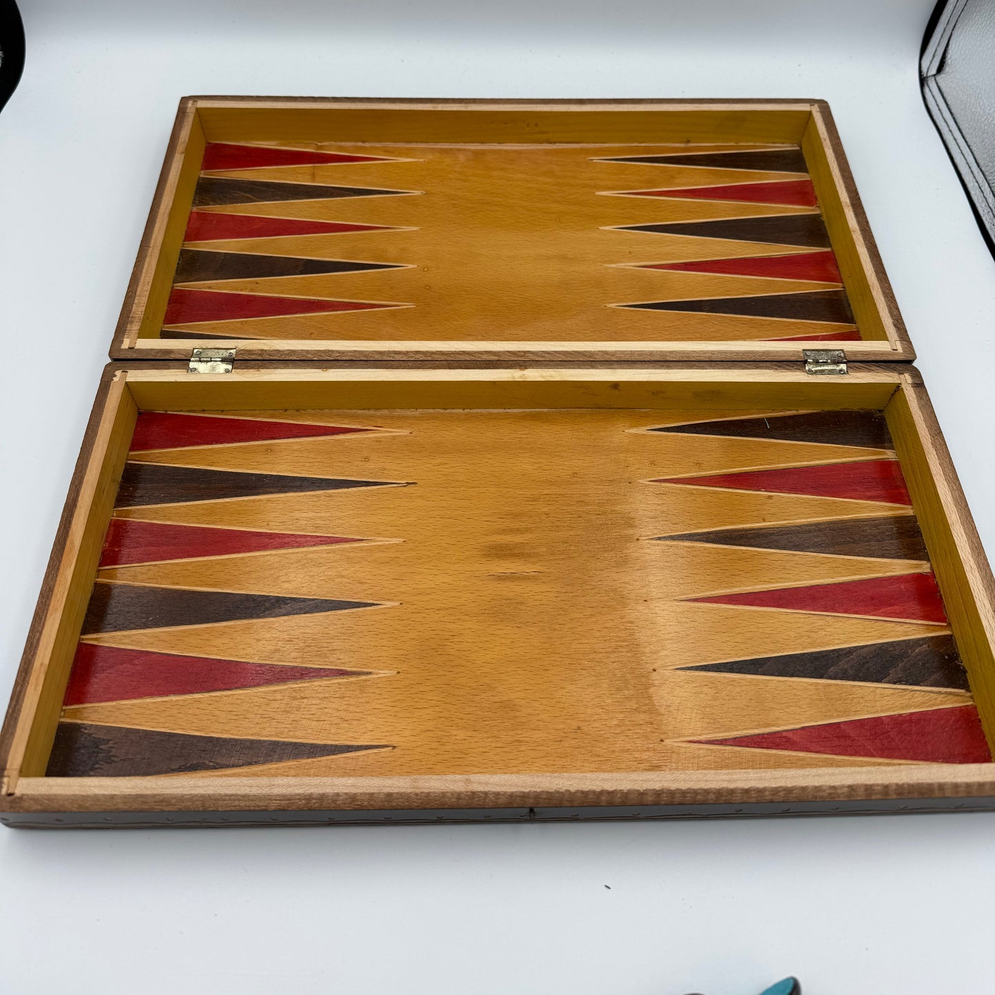 1960s Czech hand carved wooden folding chess board and chess pieces