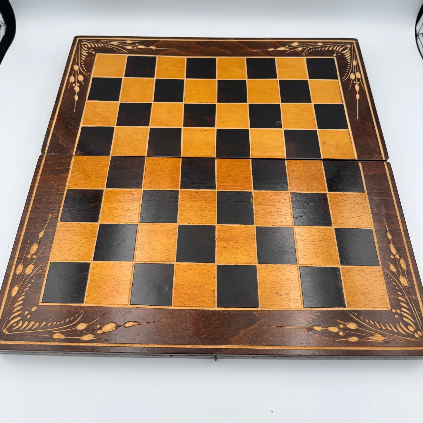 1960s Czech hand carved wooden folding chess board and chess pieces