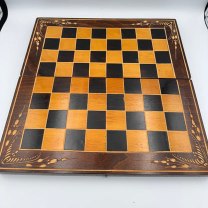 1960s Czech hand carved wooden folding chess board and chess pieces