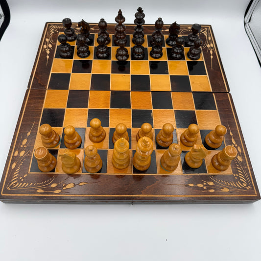 1960s Czech hand carved wooden folding chess board and chess pieces