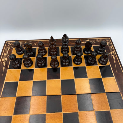 1960s Czech hand carved wooden folding chess board and chess pieces