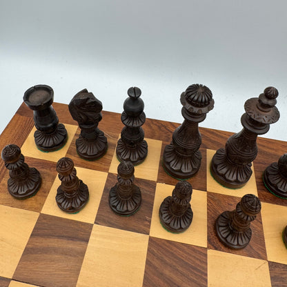 Vintage wooden lotus design chess pieces in wooden folding chess board
