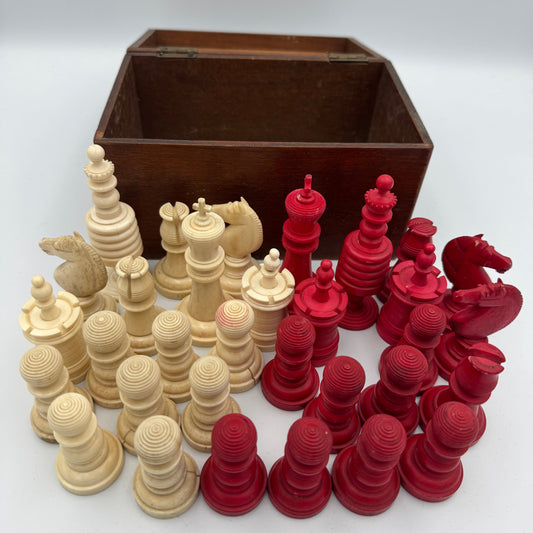 19th century red and cream bone barleycorn chess pieces