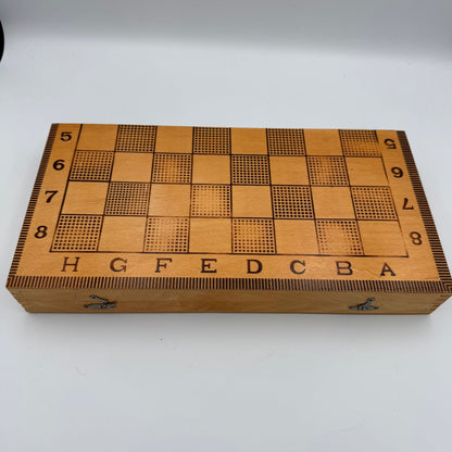 1980's wooden pyrography Soviet chess set and folding board