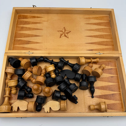 1980's wooden pyrography Soviet chess set and folding board