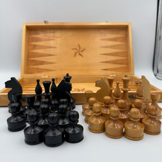 1980's wooden pyrography Soviet chess set and folding board