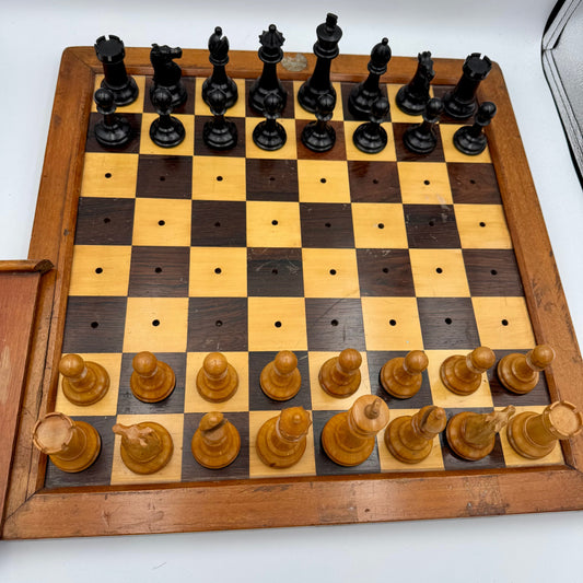 Very rare 1890's Henry Whitty & Son, Jaques & Son of London ship's chess board and pegged pieces.