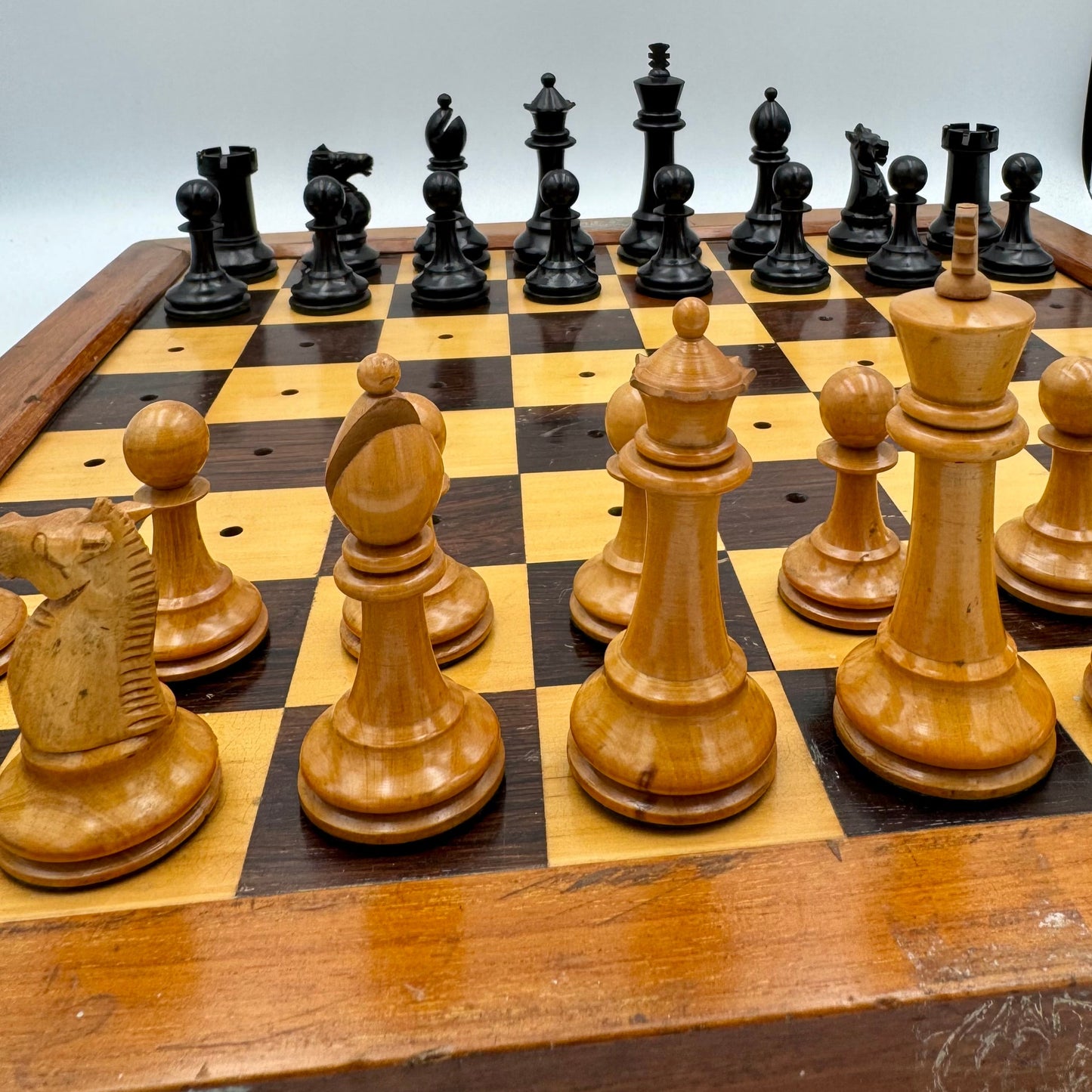 Very rare 1890's Henry Whitty & Son, Jaques & Son of London ship's chess board and pegged pieces.