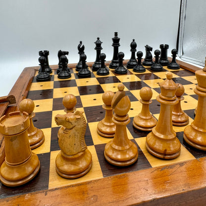 Very rare 1890's Henry Whitty & Son, Jaques & Son of London ship's chess board and pegged pieces.