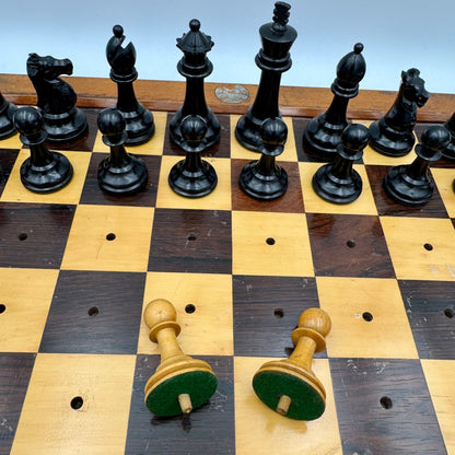 Very rare 1890's Henry Whitty & Son, Jaques & Son of London ship's chess board and pegged pieces.