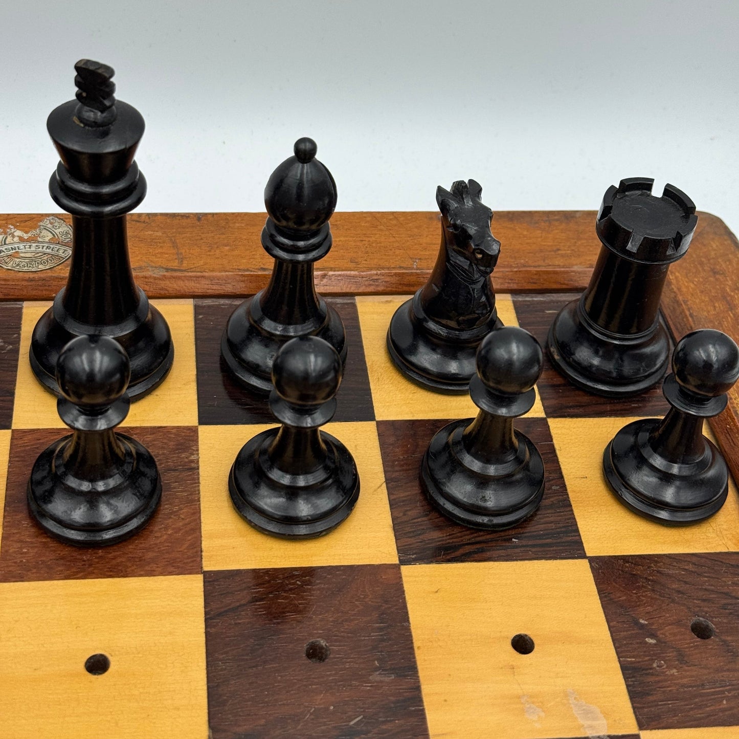Very rare 1890's Henry Whitty & Son, Jaques & Son of London ship's chess board and pegged pieces.