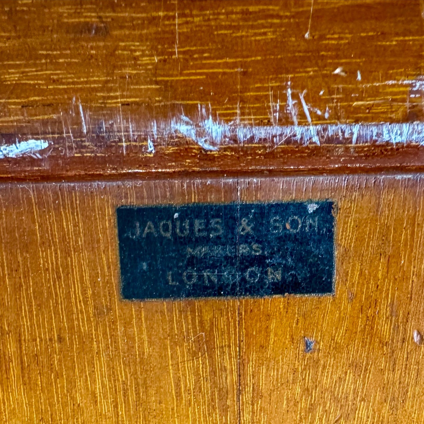 Very rare 1890's Henry Whitty & Son, Jaques & Son of London ship's chess board and pegged pieces.