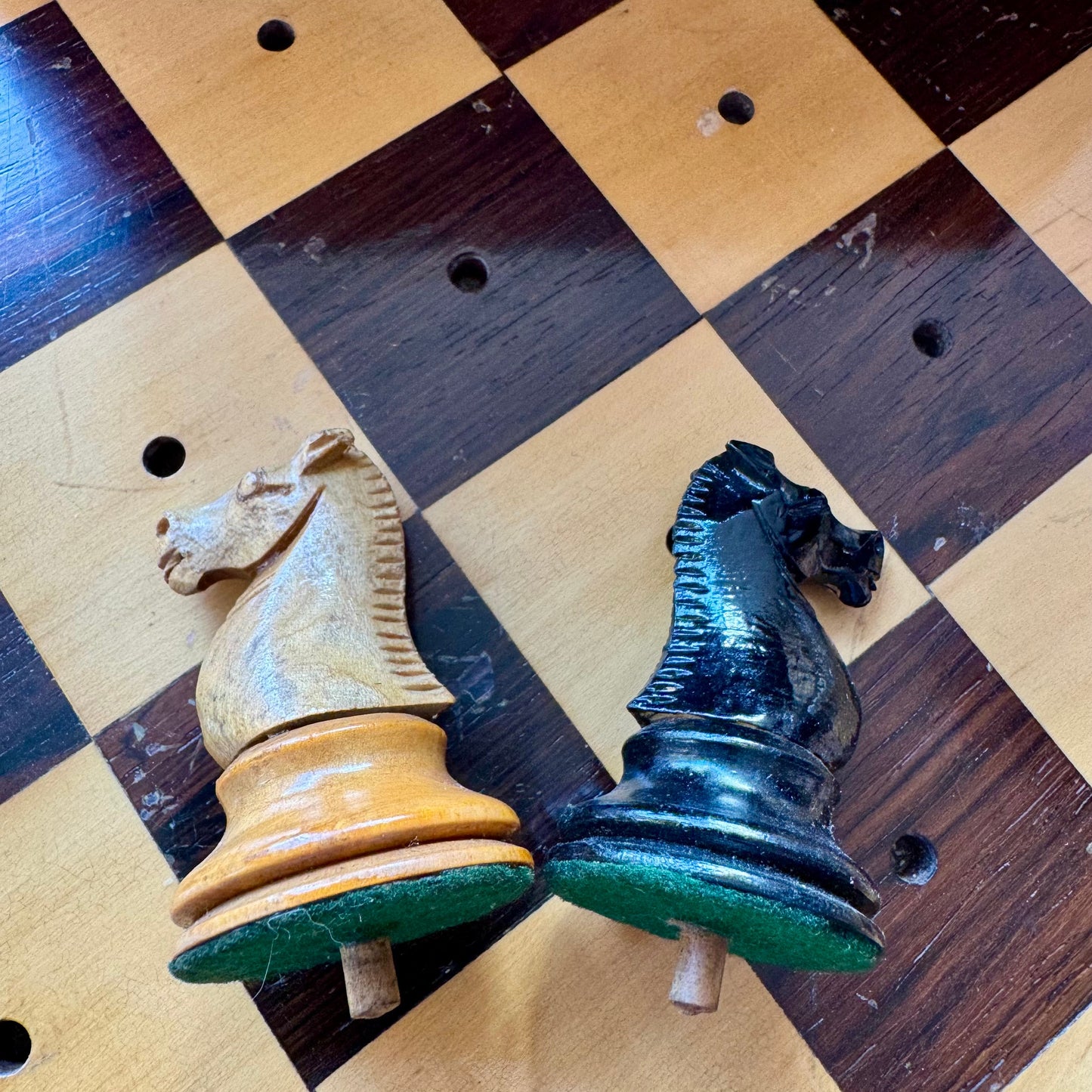 Very rare 1890's Henry Whitty & Son, Jaques & Son of London ship's chess board and pegged pieces.