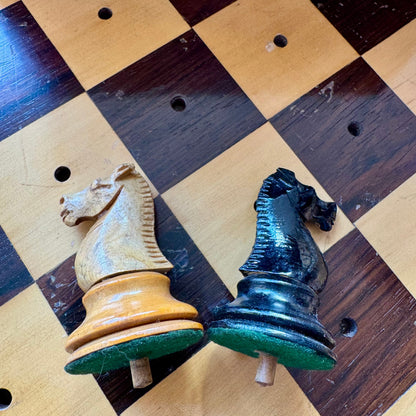 Very rare 1890's Henry Whitty & Son, Jaques & Son of London ship's chess board and pegged pieces.