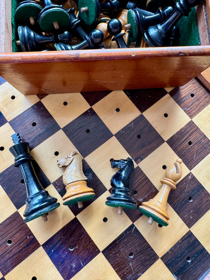 Very rare 1890's Henry Whitty & Son, Jaques & Son of London ship's chess board and pegged pieces.