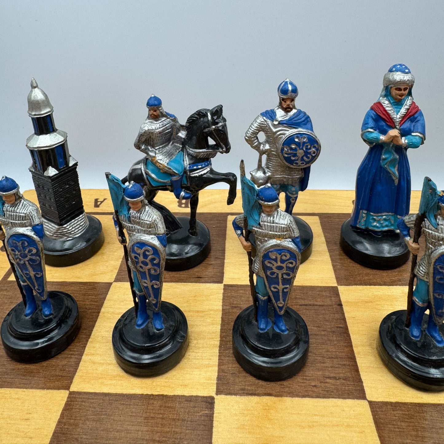 Vintage Russian chess set with folding wooden board