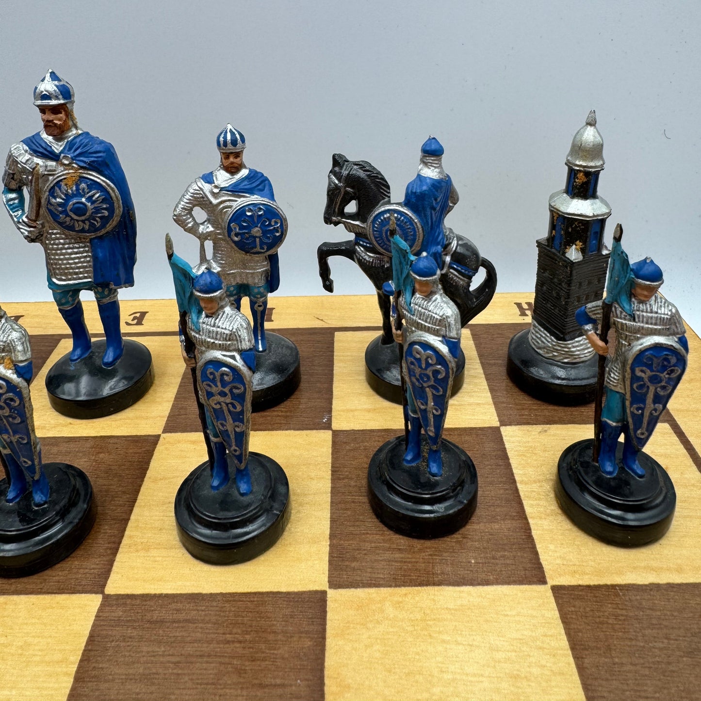 Vintage Russian chess set with folding wooden board