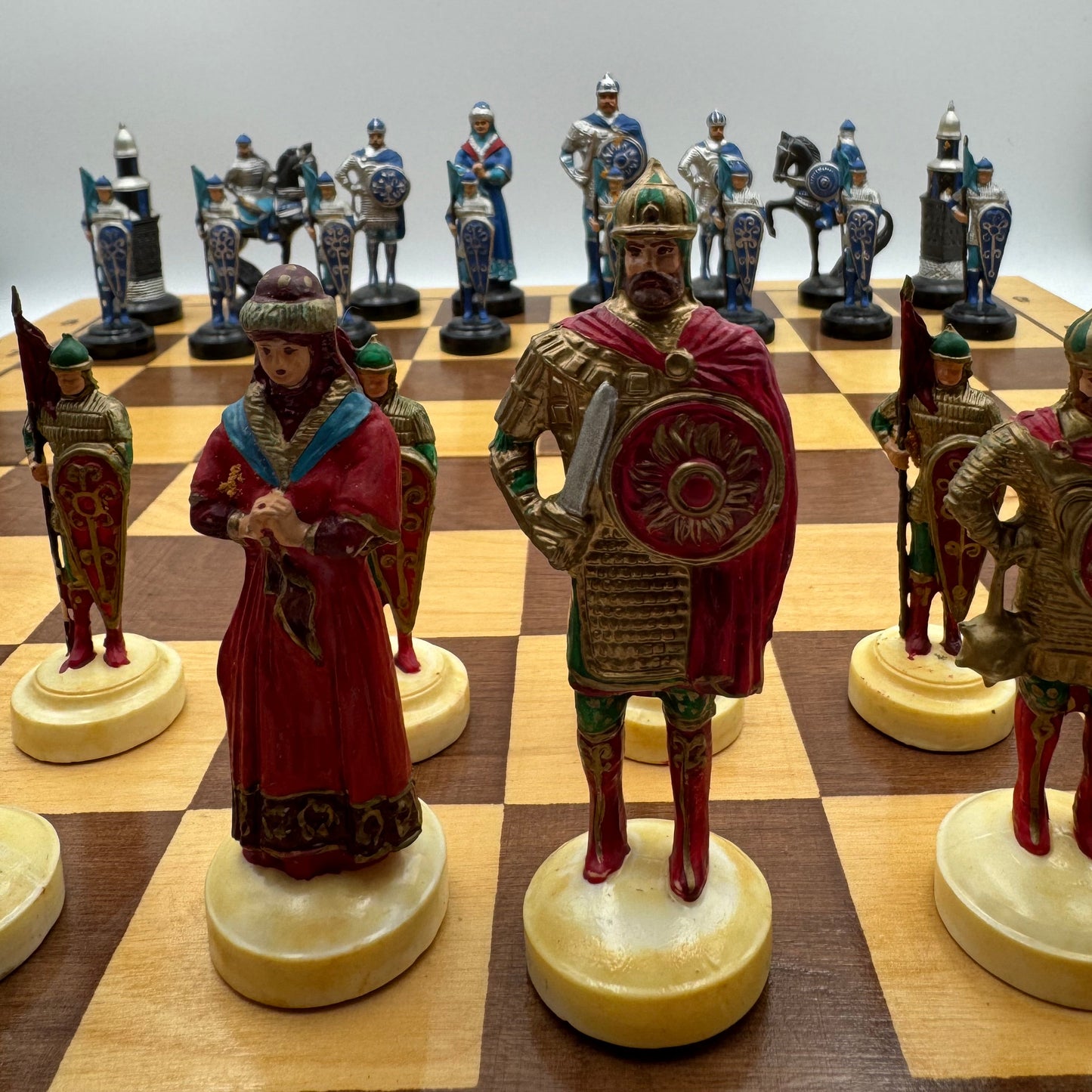 Vintage Russian chess set with folding wooden board