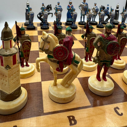 Vintage Russian chess set with folding wooden board