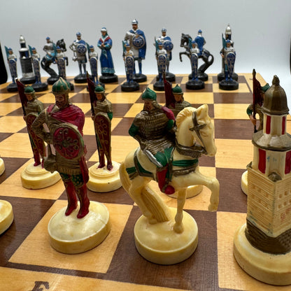 Vintage Russian chess set with folding wooden board