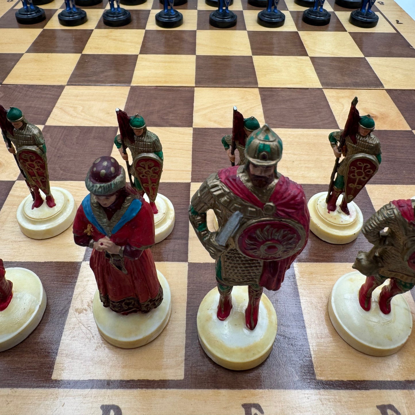 Vintage Russian chess set with folding wooden board