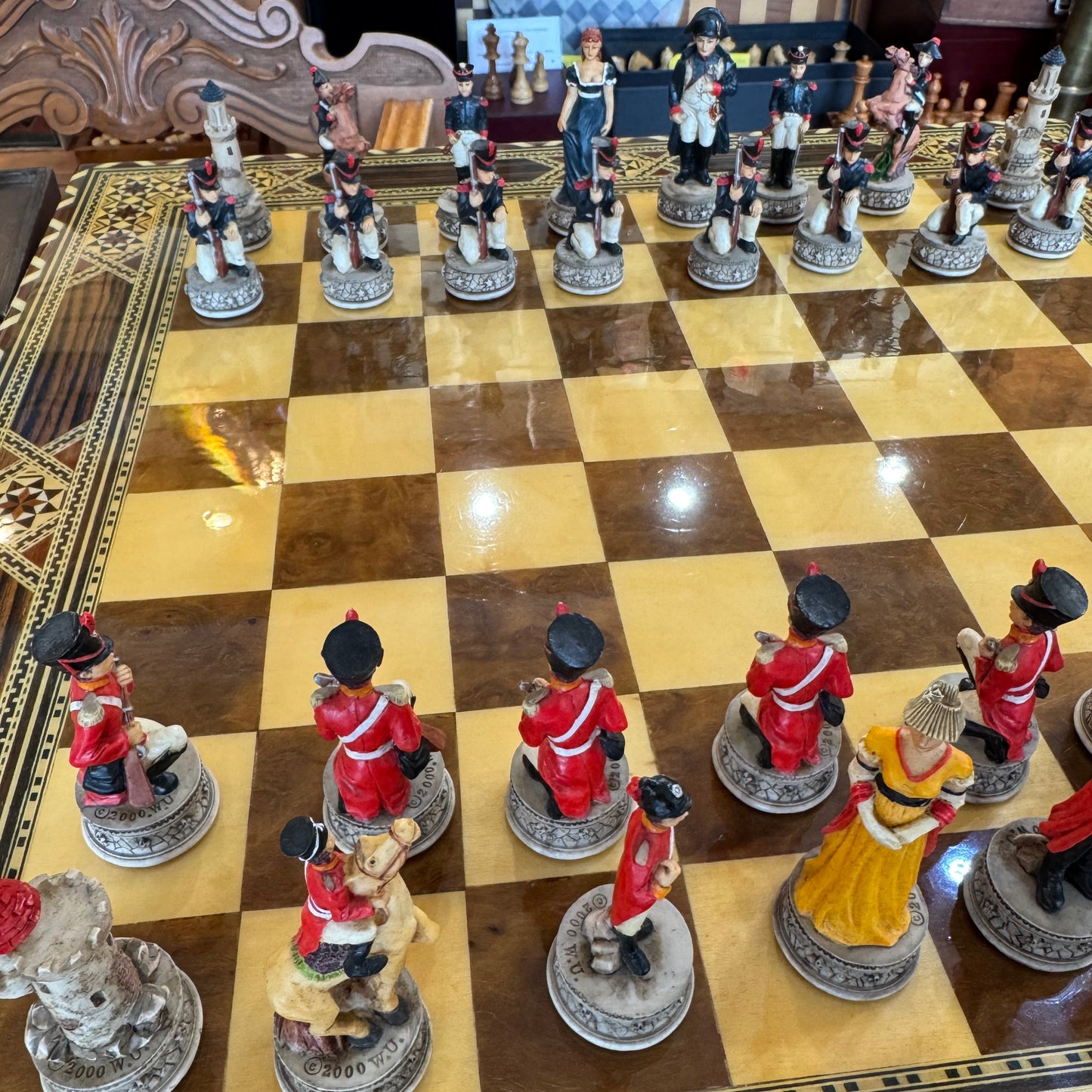 Italfama vintage Battle of Waterloo chess set with marquetry board
