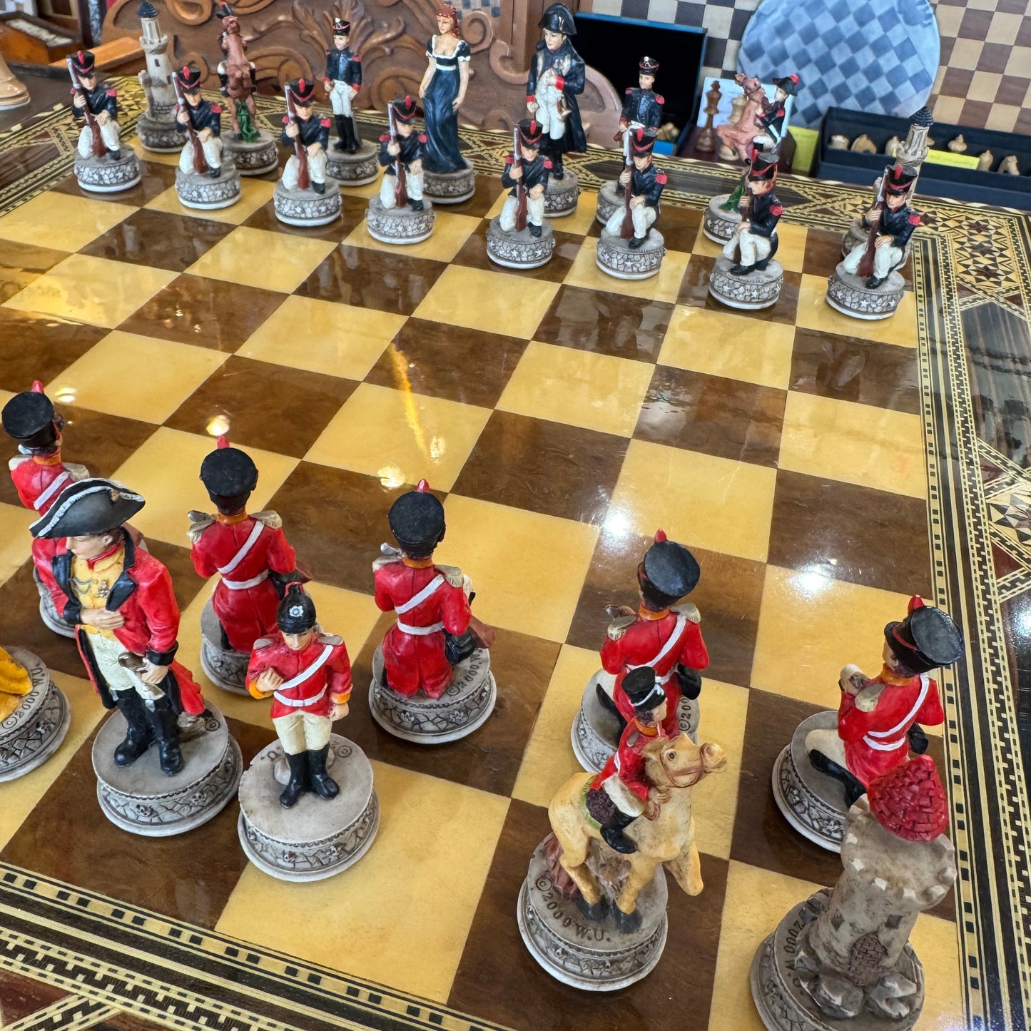 Italfama vintage Battle of Waterloo chess set with marquetry board