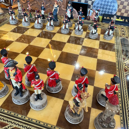 Italfama vintage Battle of Waterloo chess set with marquetry board