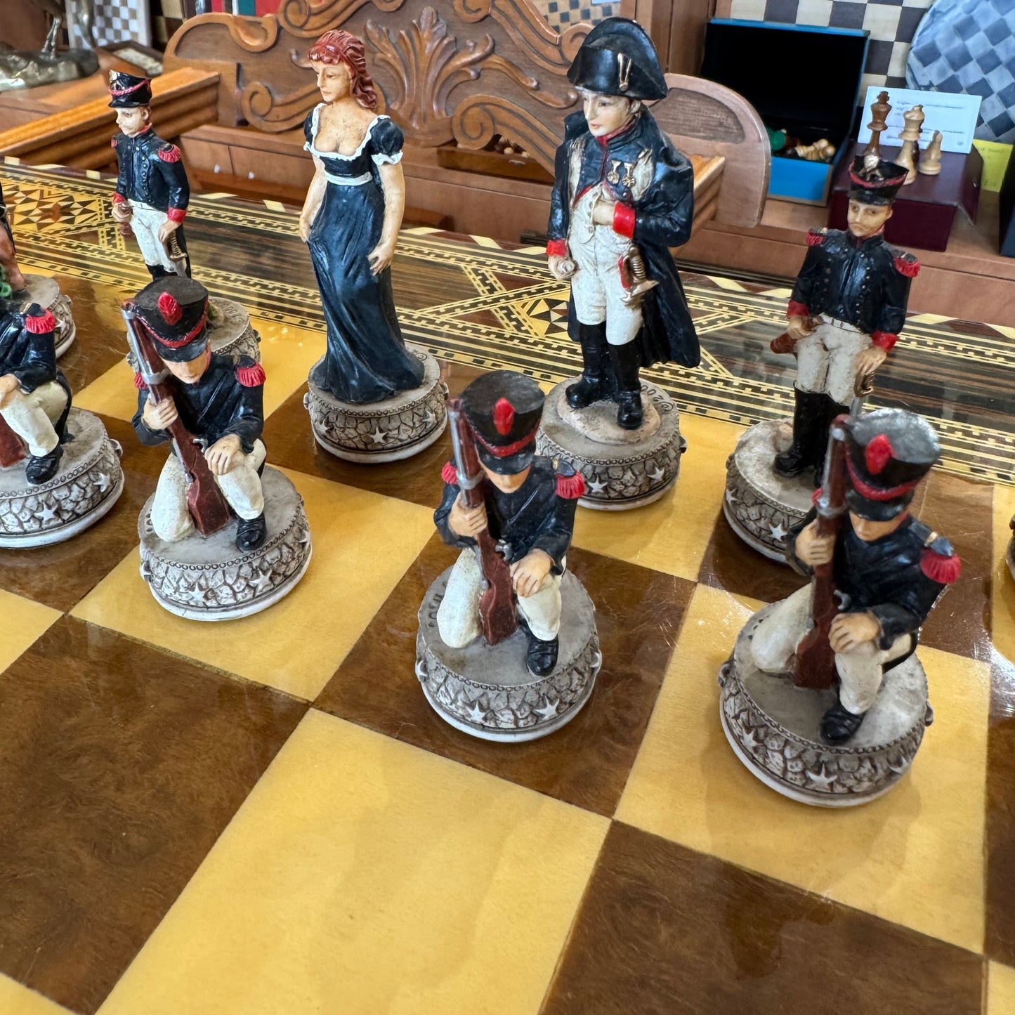 Italfama vintage Battle of Waterloo chess set with marquetry board