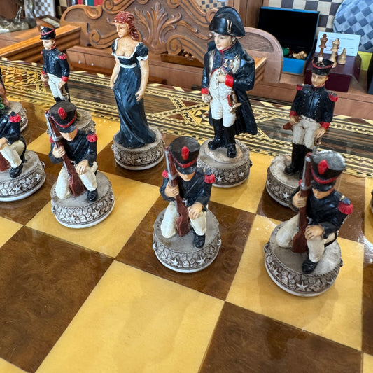 Italfama vintage Battle of Waterloo chess set with marquetry board
