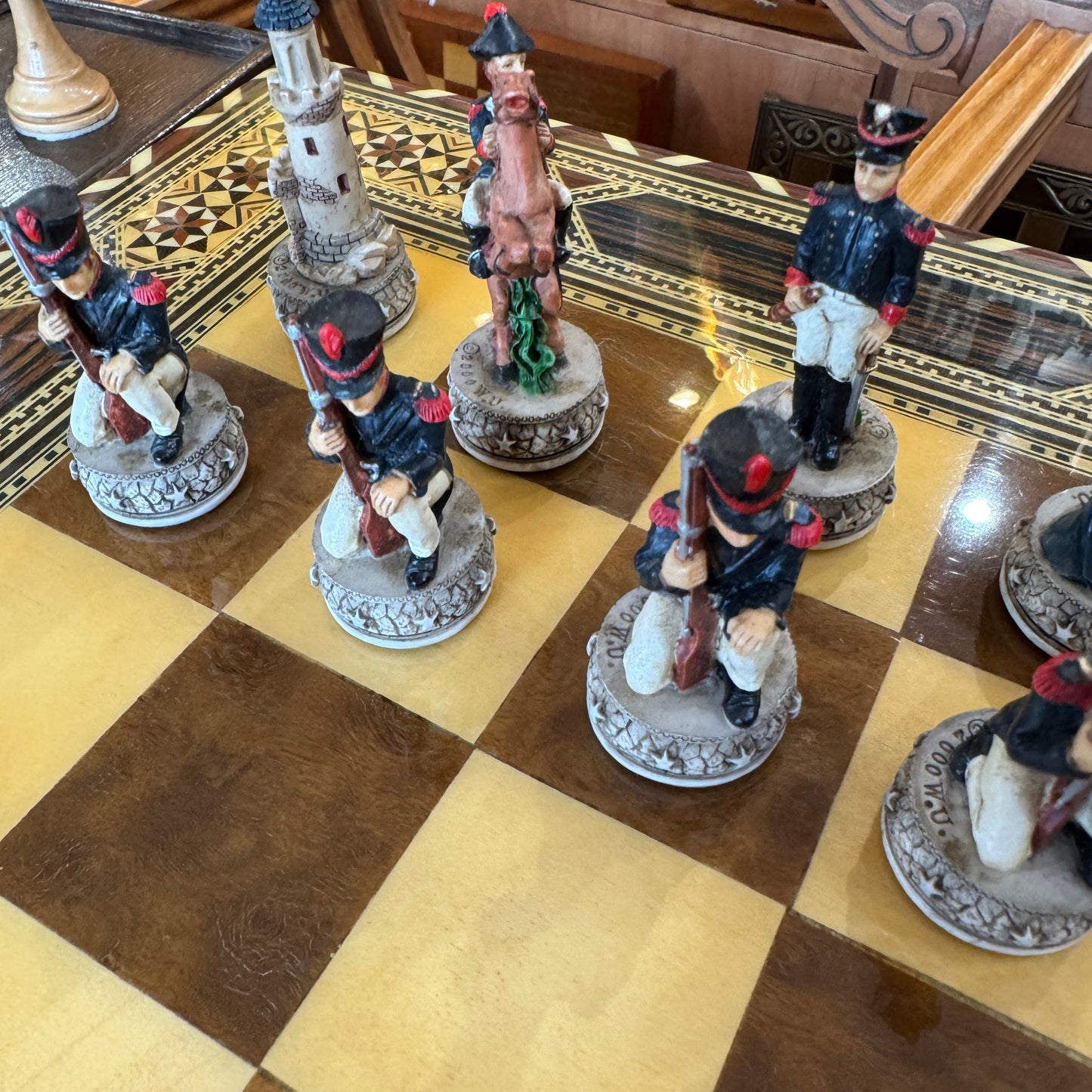 Italfama vintage Battle of Waterloo chess set with marquetry board