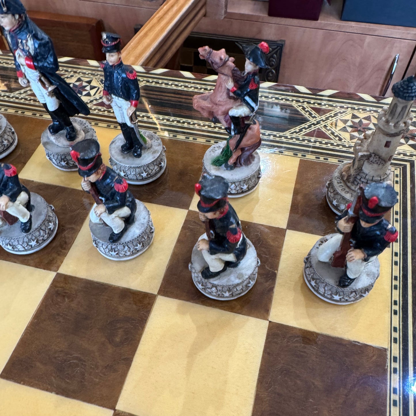 Italfama vintage Battle of Waterloo chess set with marquetry board
