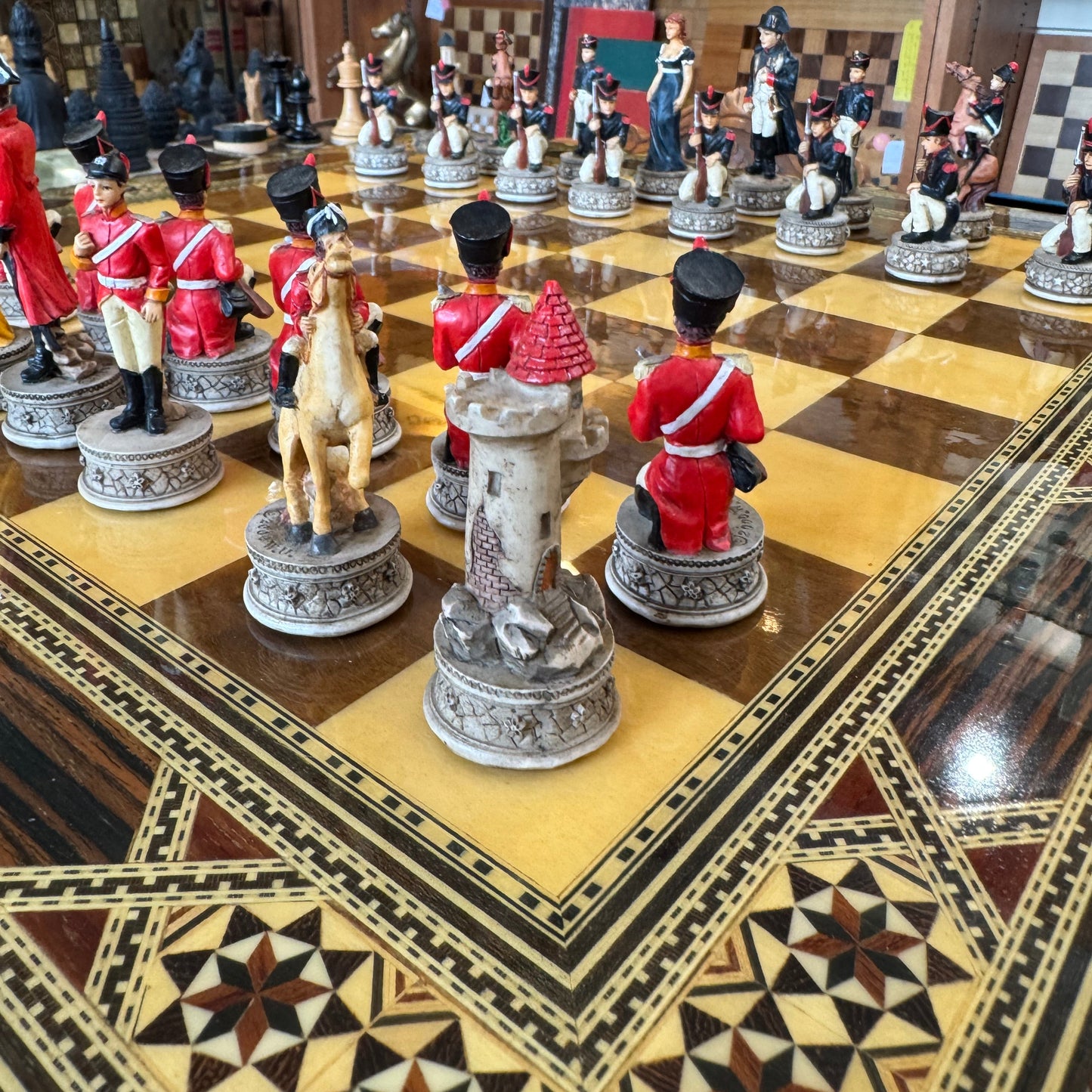 Italfama vintage Battle of Waterloo chess set with marquetry board