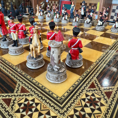 Italfama vintage Battle of Waterloo chess set with marquetry board