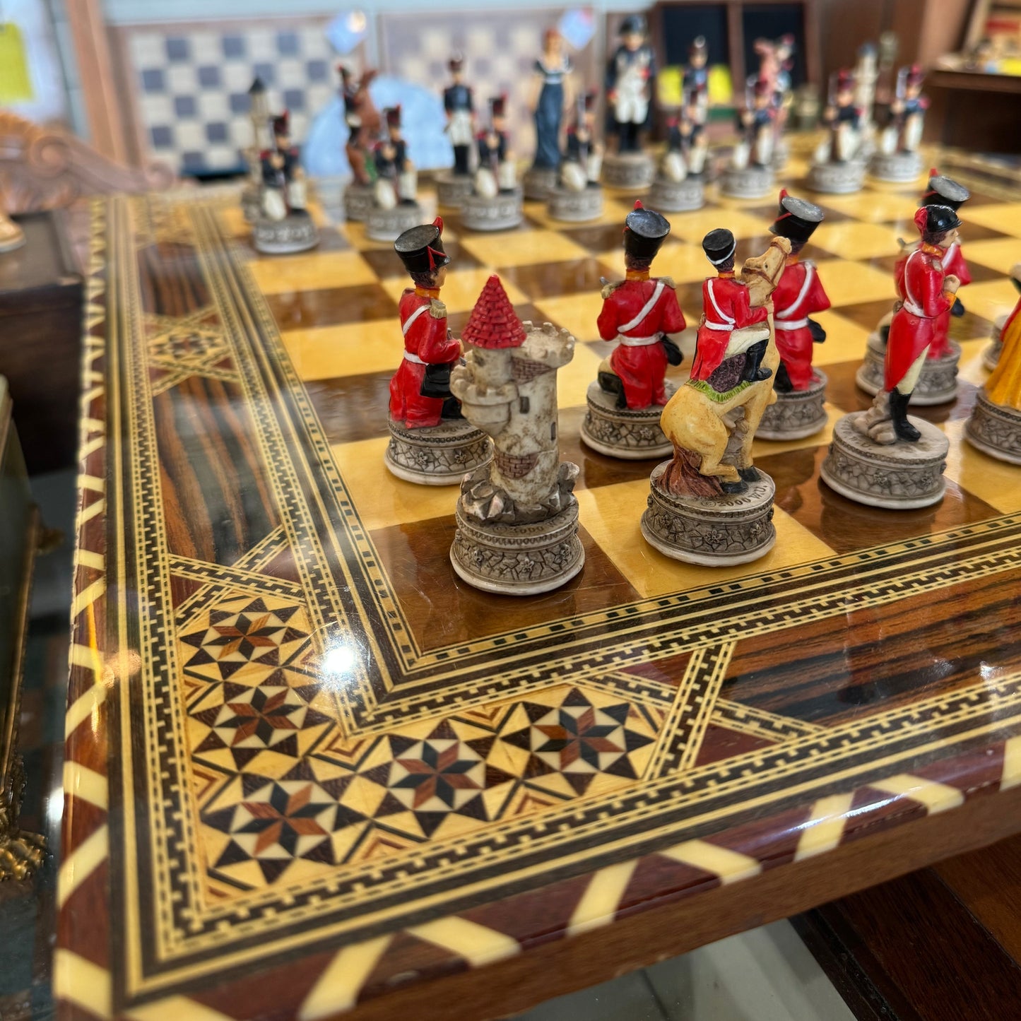 Italfama vintage Battle of Waterloo chess set with marquetry board