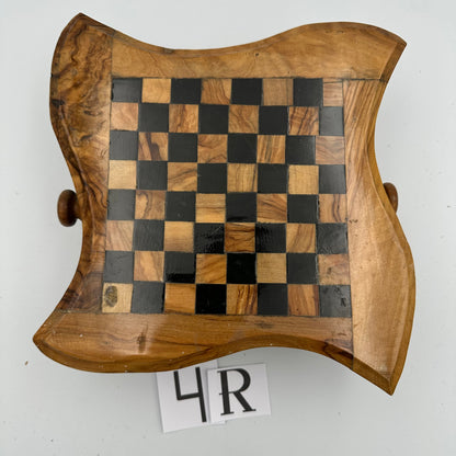 Small olive wood chess board on legs with chess pieces