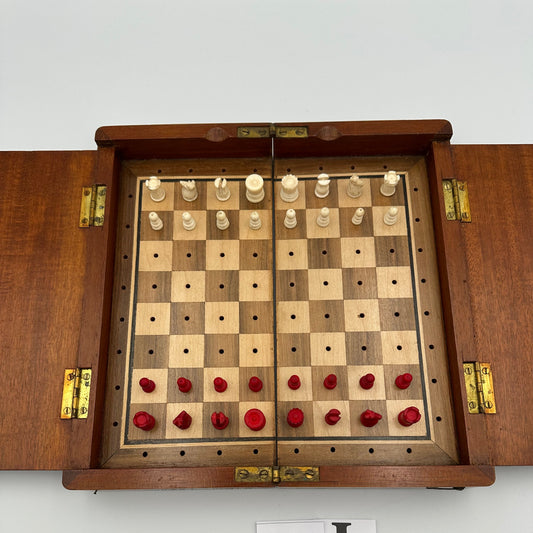 Larger size antique folding 'Whittington Pattern' travel chess set c1890