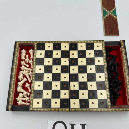 Vintage inlaid lacquered folding travel chess set