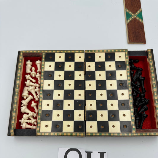 Vintage inlaid lacquered folding travel chess set