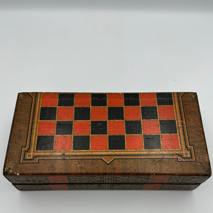 Antique History of England folding chess board with miniature pieces