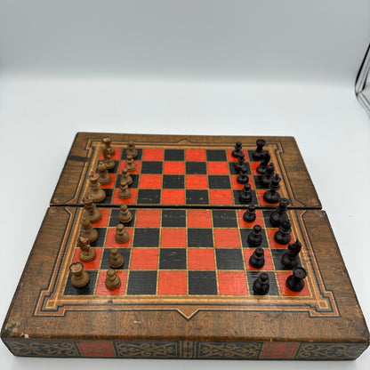 Antique History of England folding chess board with miniature pieces